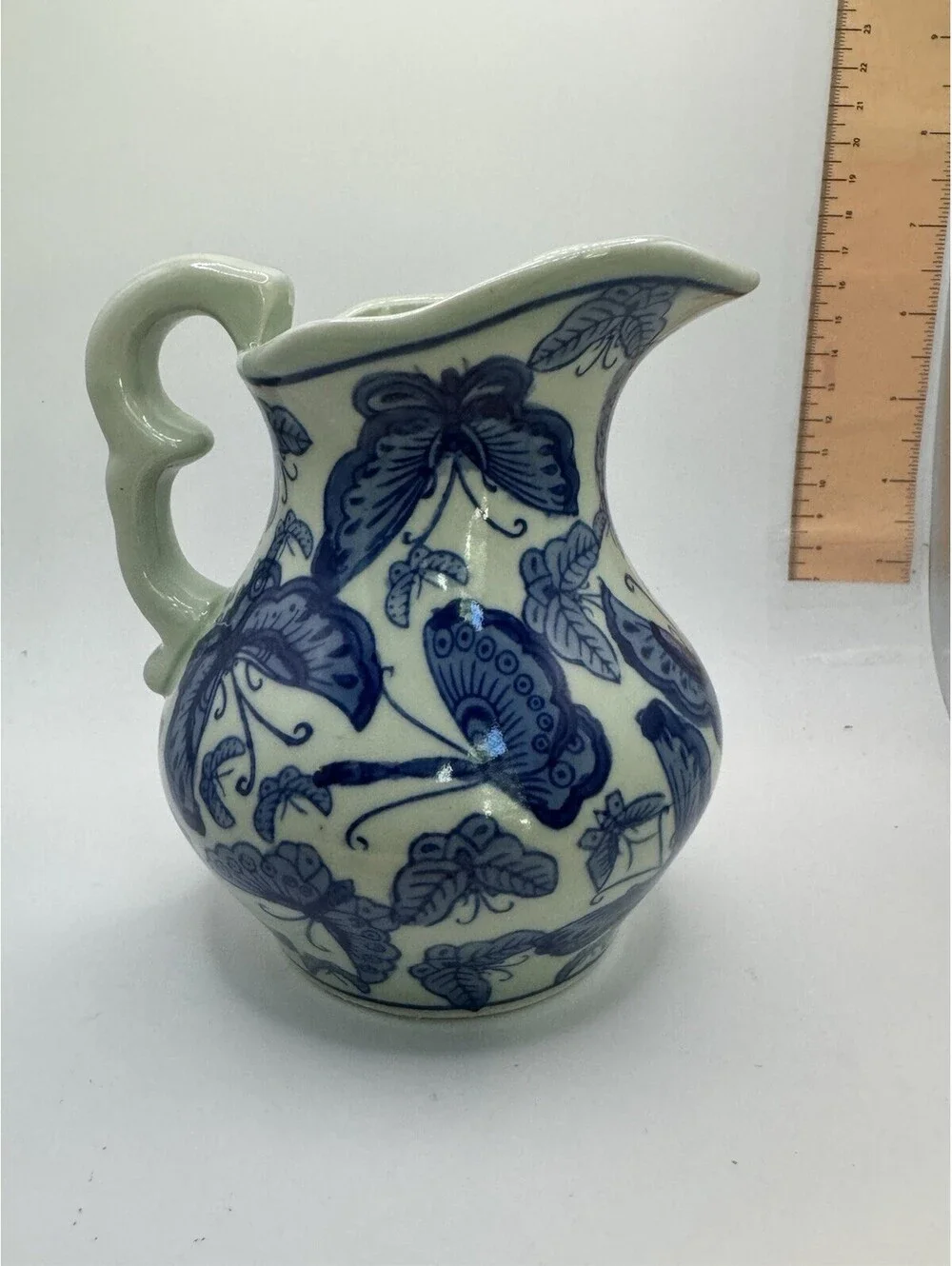 Stoneware - Blue & Beige Butterfly Pitcher, 5.25